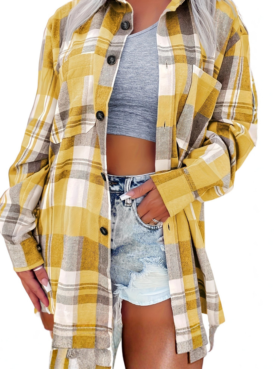 Chemise longue femme Coton à carreaux Poches Boutons