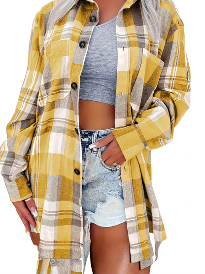 Chemise longue femme Coton à carreaux Poches Boutons