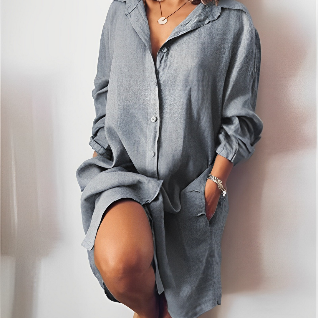 Robe Chemisier Féminine à Manches Longues et Poches Décontractée