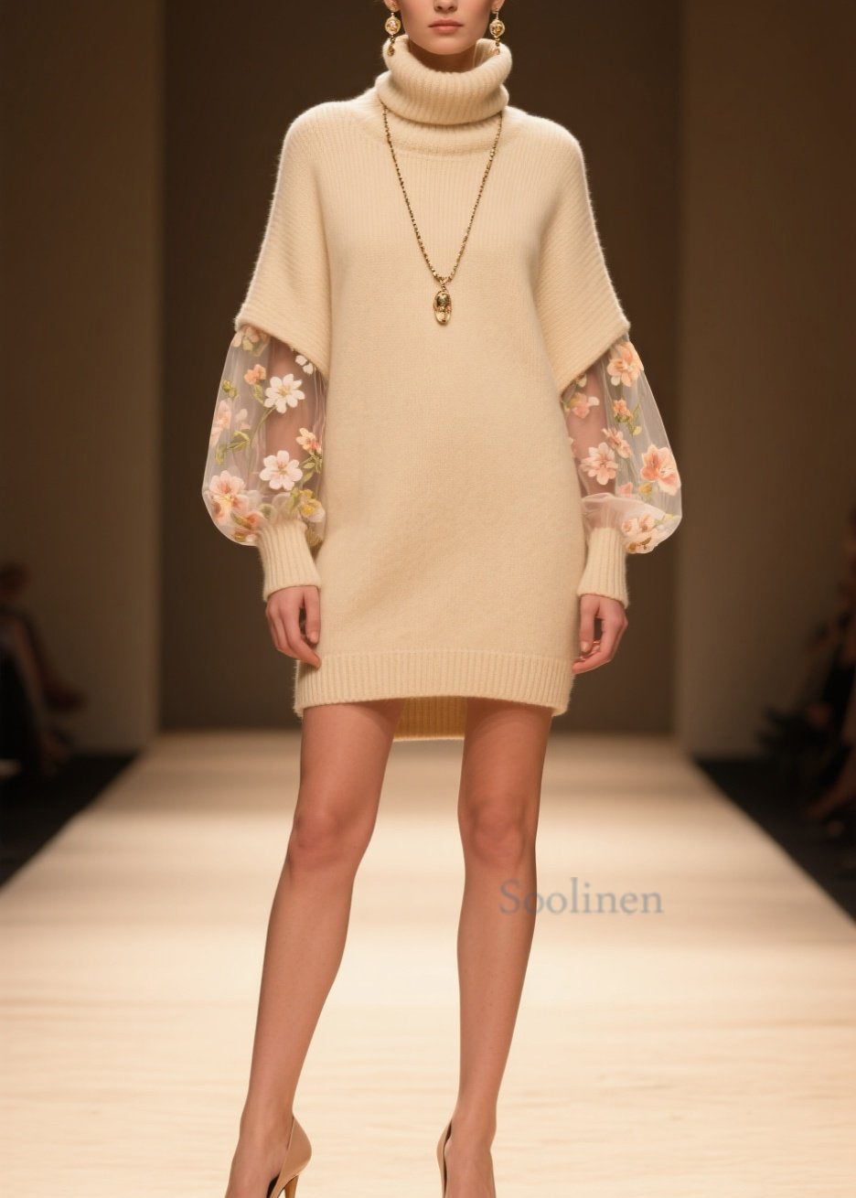 Robe hivernale beige douce en tulle et patchwork - EasyApparels