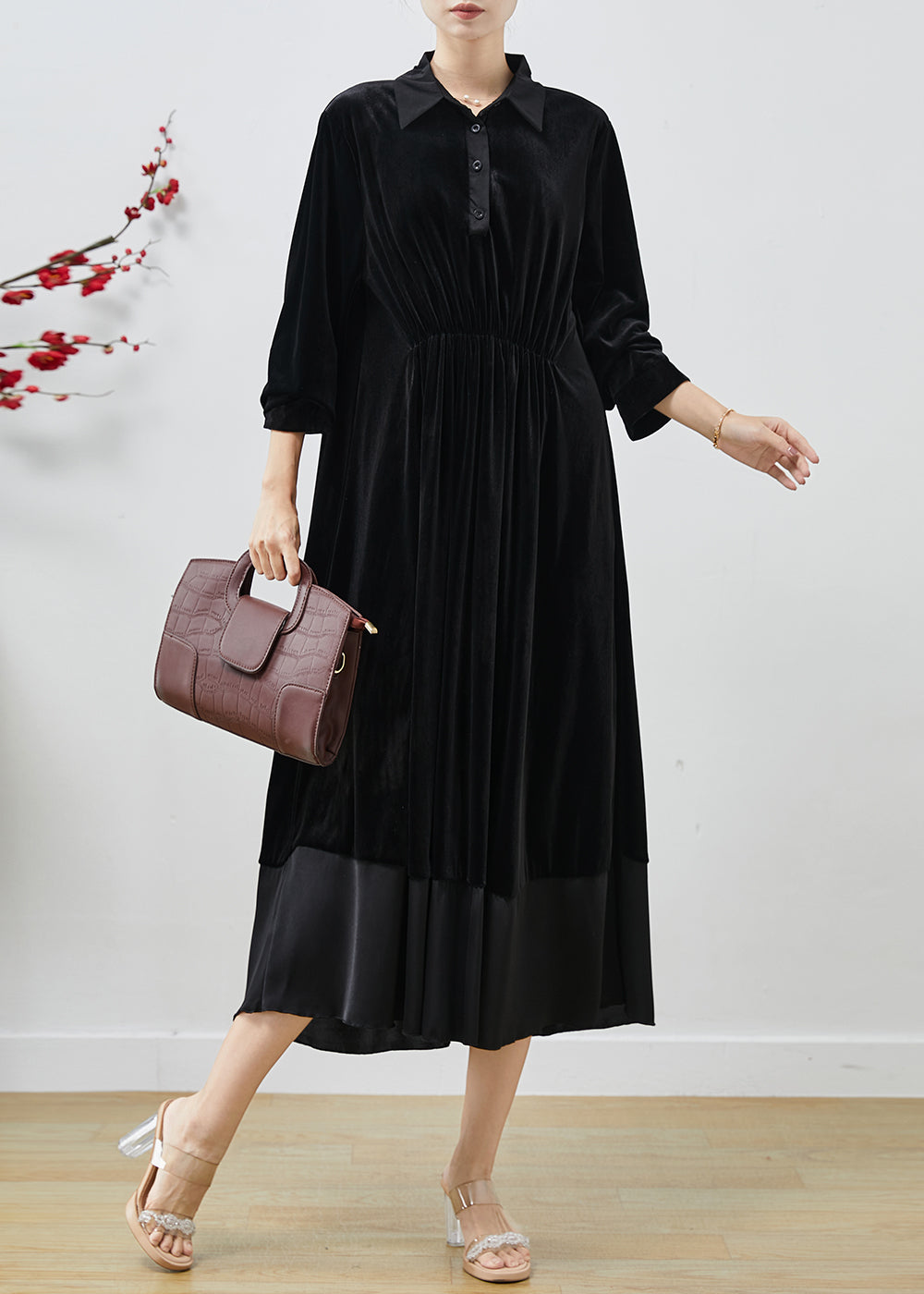 Belles robes noires en soie douce à col rond pour automne - EasyApparels