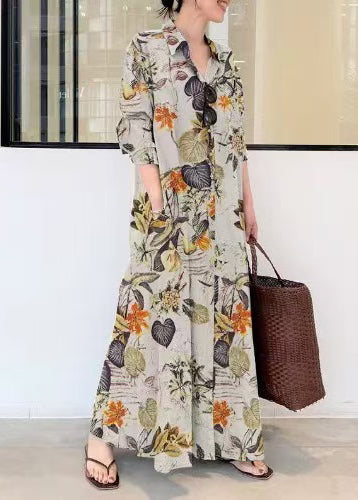 Robe décontractée en lin imprimé orange automne - EasyApparels