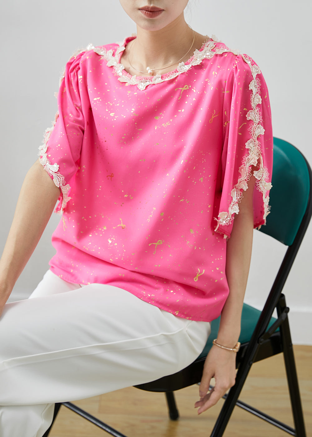Belle chemise en soie rose pailletée pour femme été - EasyApparels