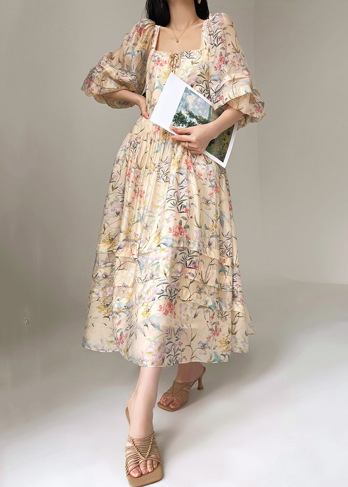 Beaux robes en soie à col carré et manches bouffantes - EasyApparels