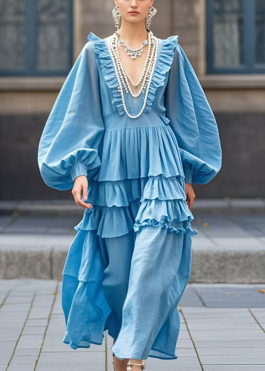 Robe marine élégante à col V et volants longs - EasyApparels