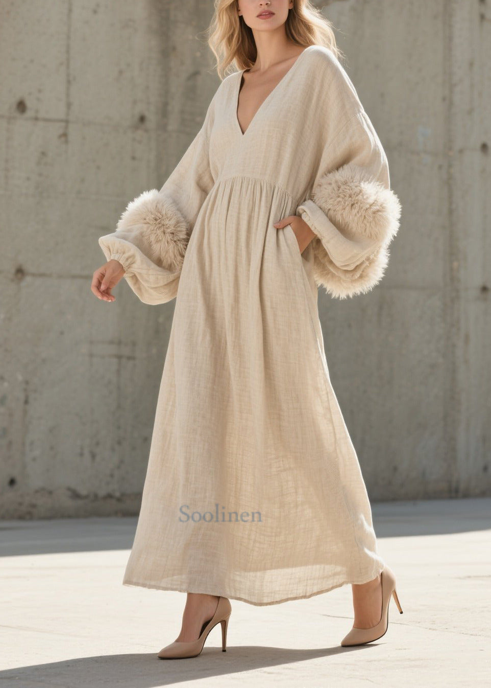 Chic robe blanc V col en fausse fourrure épaisse - EasyApparels