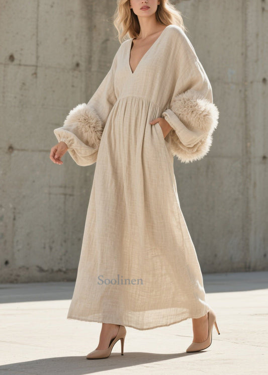 Chic robe blanc V col en fausse fourrure épaisse - EasyApparels