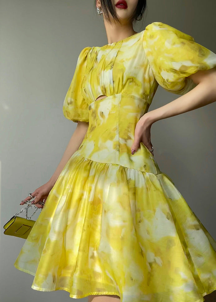 Robe jaune décontractée col rond pour femme été - EasyApparels