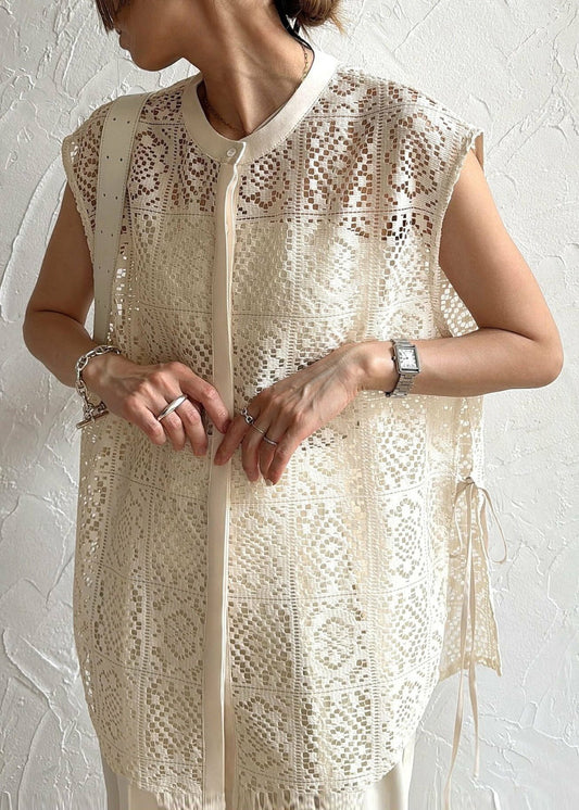 Femmes grandes lacets gilets en dentelle beige légère - EasyApparels