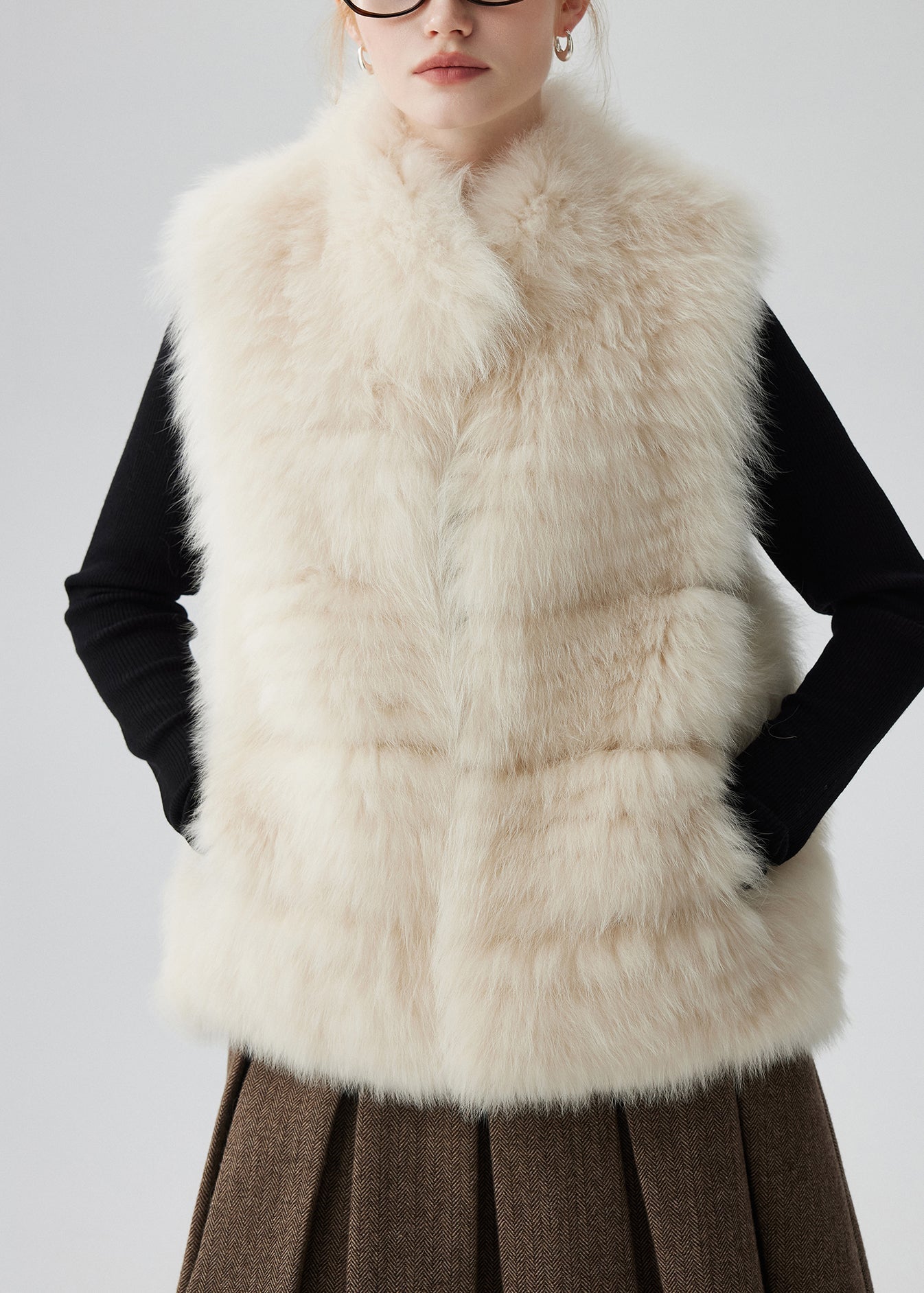 Chaud Gilet Hiver Brun en Cuir et Fourrure - EasyApparels