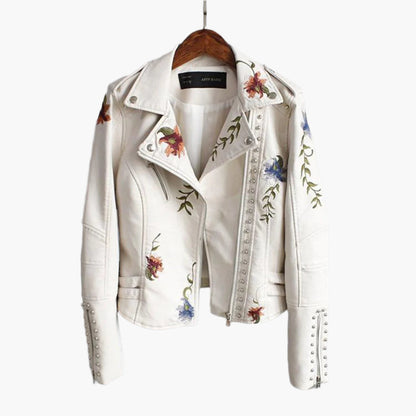 Blouson Motard Féminin Brodé Floral Court pour Femme - PanierRoyale