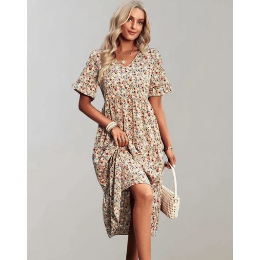Robe Été Légère Mi-Longue pour Femme avec Manches Bouffantes - PanierRoyale