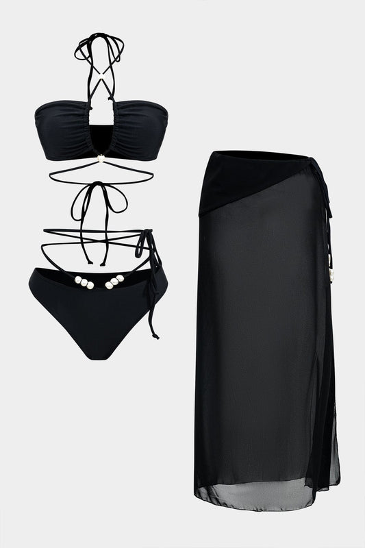 Maillot de bain bikini 3 pièces avec ceinture et pareo transparent - BerlinGlamour