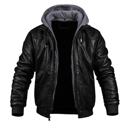 Parka Hiver Cuir Noir avec Capuchon