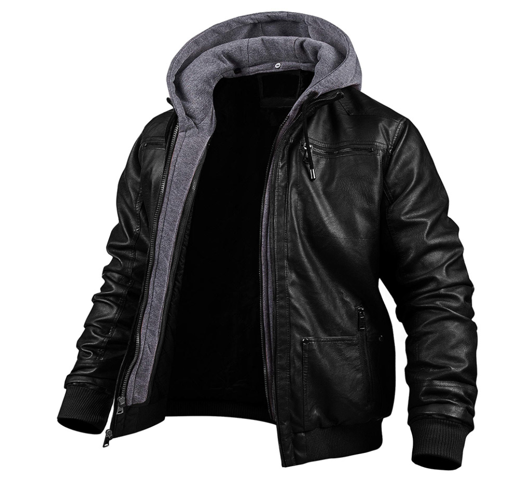 Parka Hiver Cuir Noir avec Capuchon