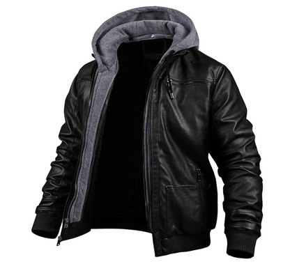 Parka Hiver Cuir Noir avec Capuchon