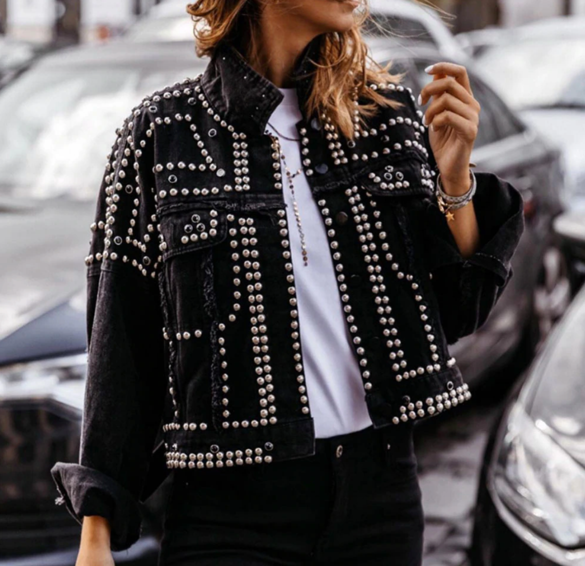 Veste femme courte décontractée avec rivets tendance