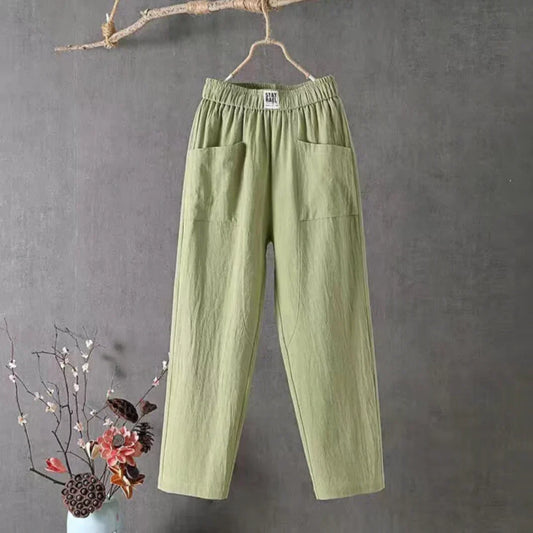 Pantalon Femme Lin Vert Pastel Chic - PanierRoyale
