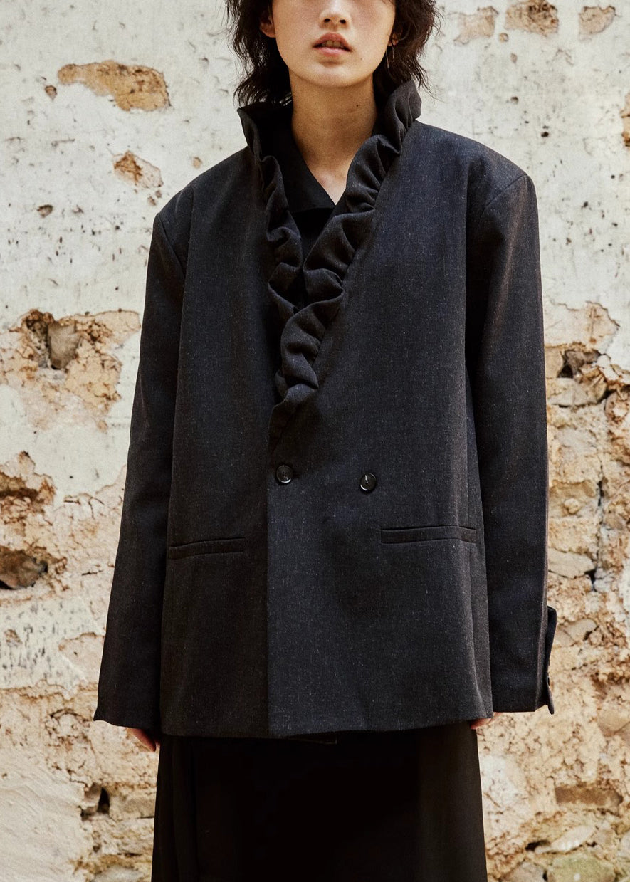 Manteau d'automne noir en coton avec poches et col V - EasyApparels