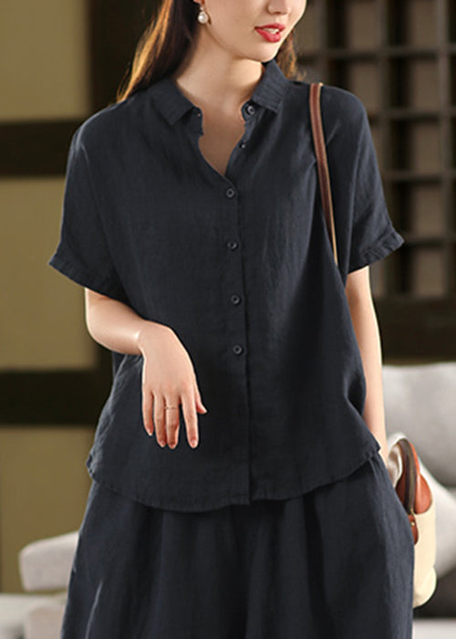 Robes d'été en lin simple à col rond et boutons noirs - EasyApparels