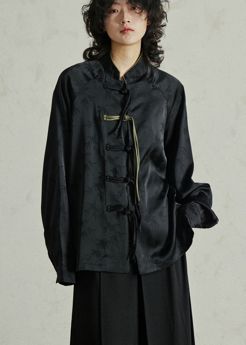 Noir col montant manches bouffantes manteau femme - EasyApparels