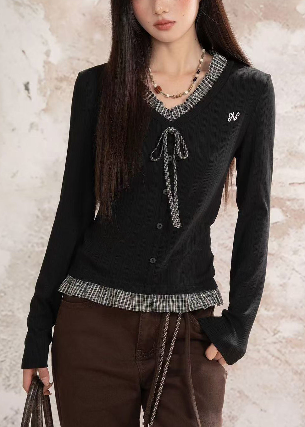 Vestes deux pièces en coton noir brodé pour femme automne - EasyApparels