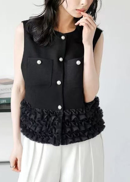 Vestes noir en coton brodé sans manches avec boutons - EasyApparels