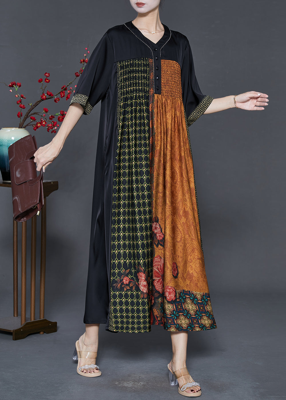 Robe longue en soie noire imprimée géant pour femme été - EasyApparels