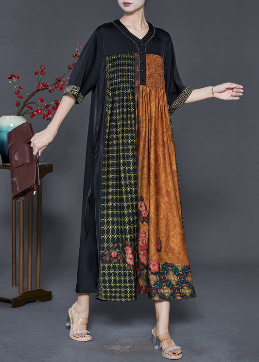 Robe longue en soie noire imprimée géant pour femme été - EasyApparels