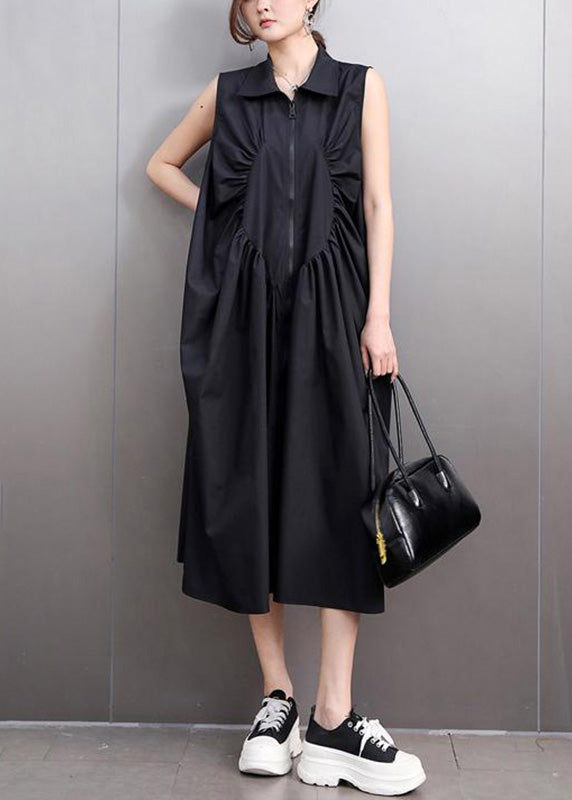 Robe légère noire estivale à plis en coton patchwork - EasyApparels