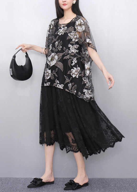 Ensemble deux pièces décontracté t-shirt et robe longue tulle imprimé noir - EasyApparels