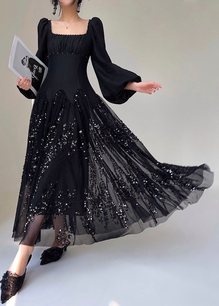 Robe de soie noir à paillettes, col carré, manches bouffantes - EasyApparels
