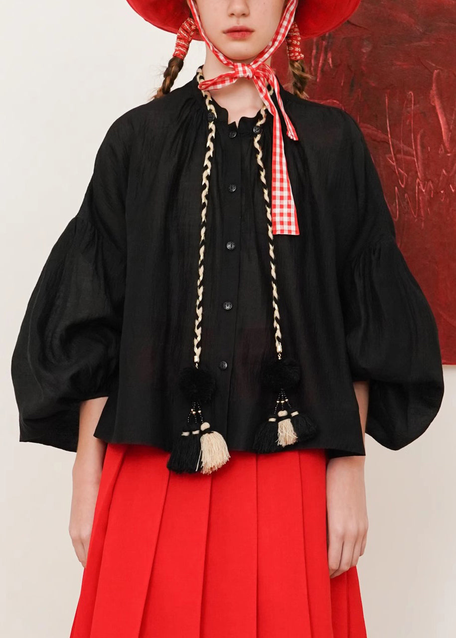 Chic Noir Blouses en Coton à Manches Bouffantes - EasyApparels