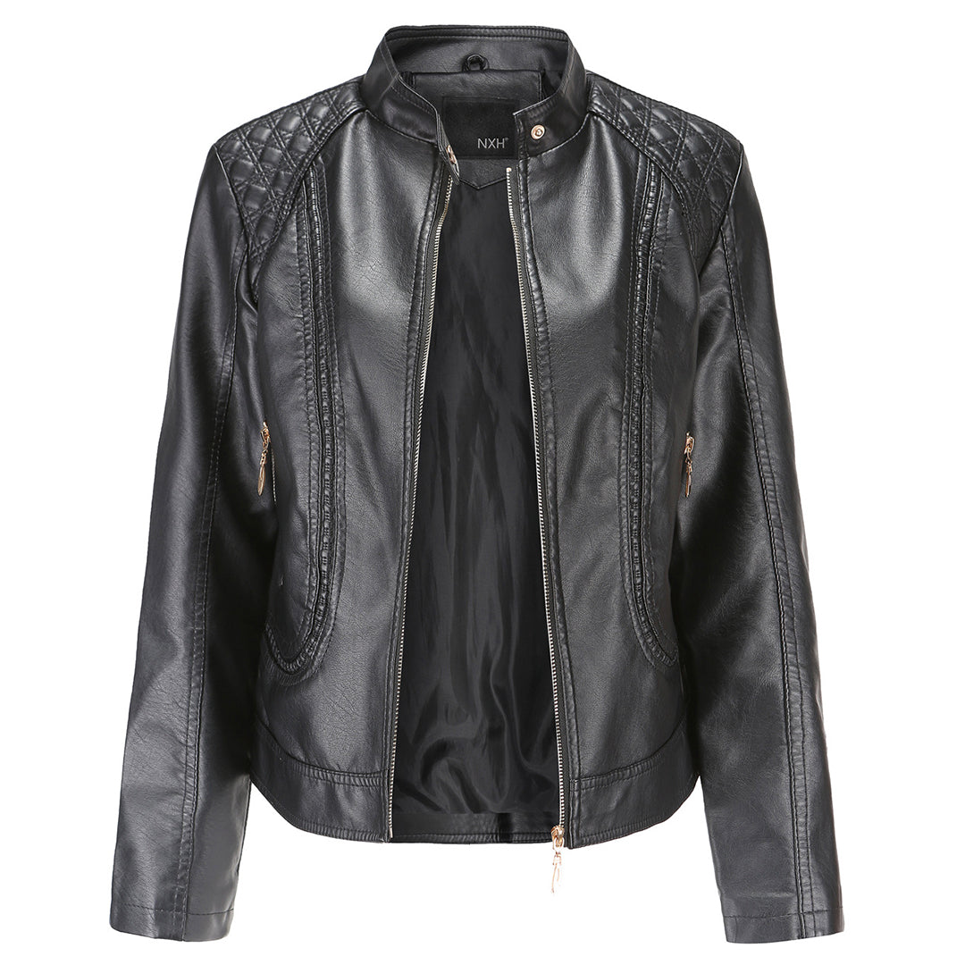 Veste en Cuir pour Femme Élégante avec Col Montant et Fermeture Éclair - PanierRoyale