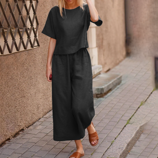 Ensemble Été 2 Pièces pour Femme : Haut Manches Courtes et Pantalon Linéaire Léger - PanierRoyale