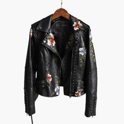 Blouson Motard Féminin Brodé Floral Court pour Femme