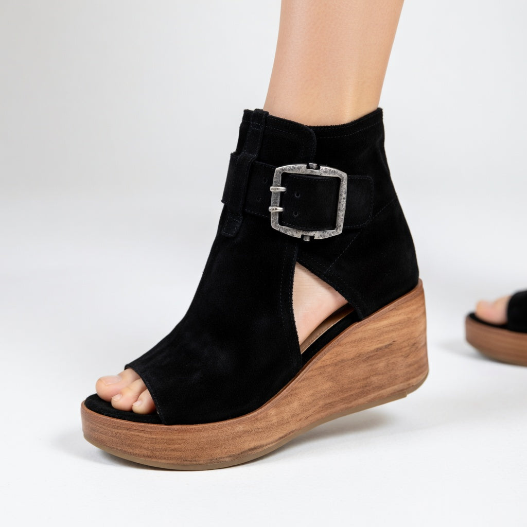 Sandales Compensées Femme Daim Bout Ouvert Boucle Métal Semelle Bois
