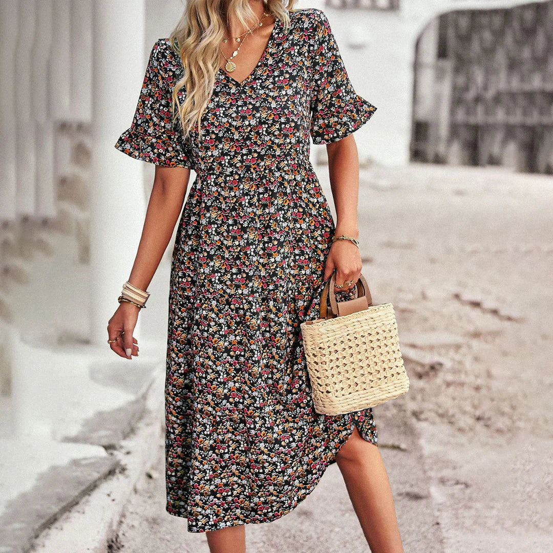 Robe Été Féminine Florale avec Décolleté et Jupette Flottante