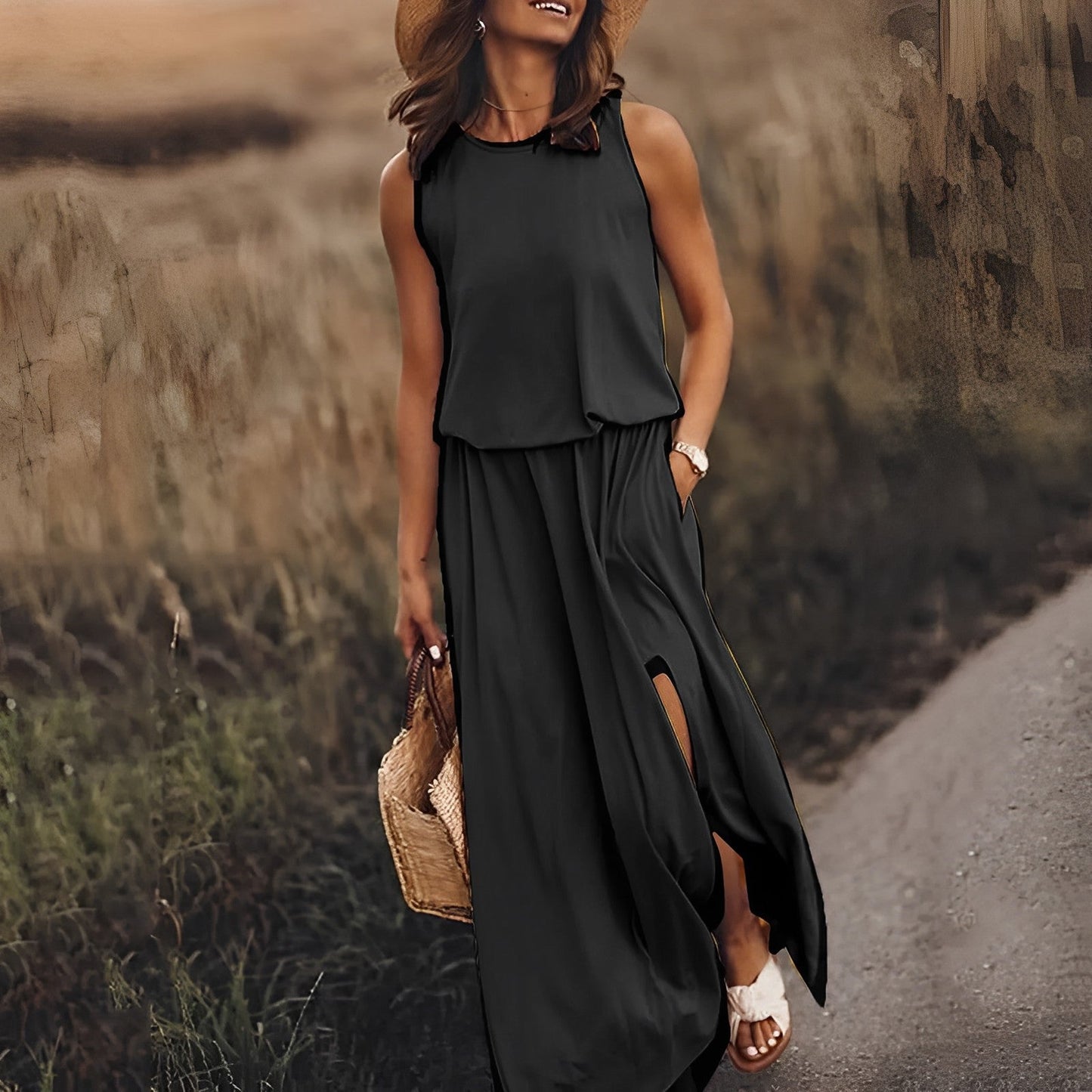 Robe Été Femme Longue sans Manches Décolleté Profond