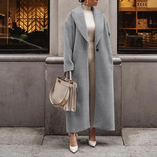 Manteau Long Femme Aspect Laine Coupe Droite Classique