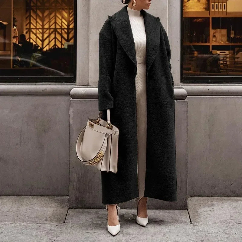 Manteau Long Femme Aspect Laine Coupe Droite Classique