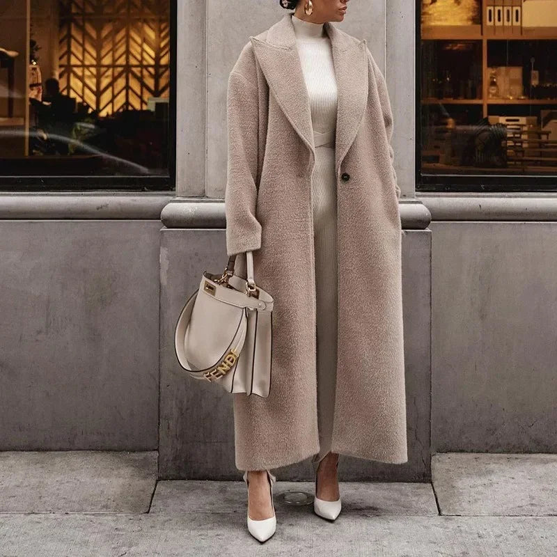 Manteau Long Femme Aspect Laine Coupe Droite Classique