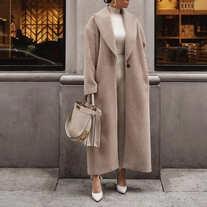 Manteau Long Femme Aspect Laine Coupe Droite Classique