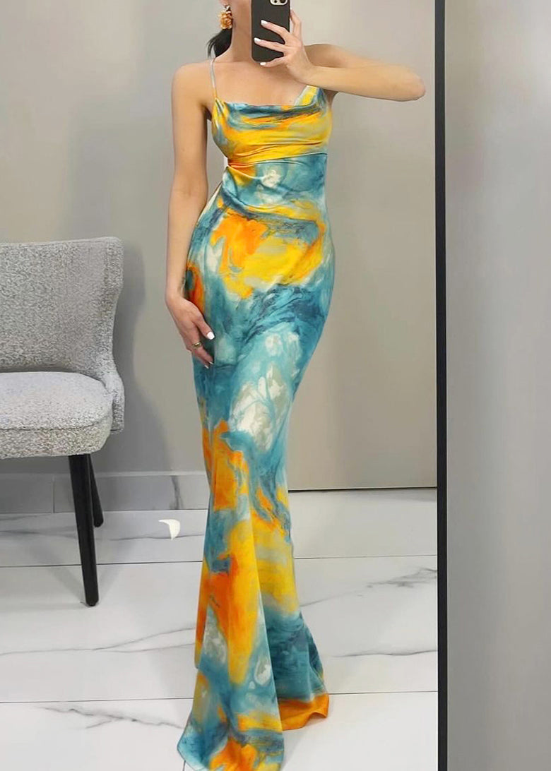 Robe bleue dos nu sans manches à bretelles fines - EasyApparels