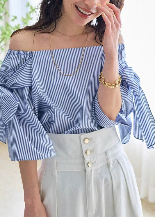Dressy Blue Striped Summer Top - EasyApparels
