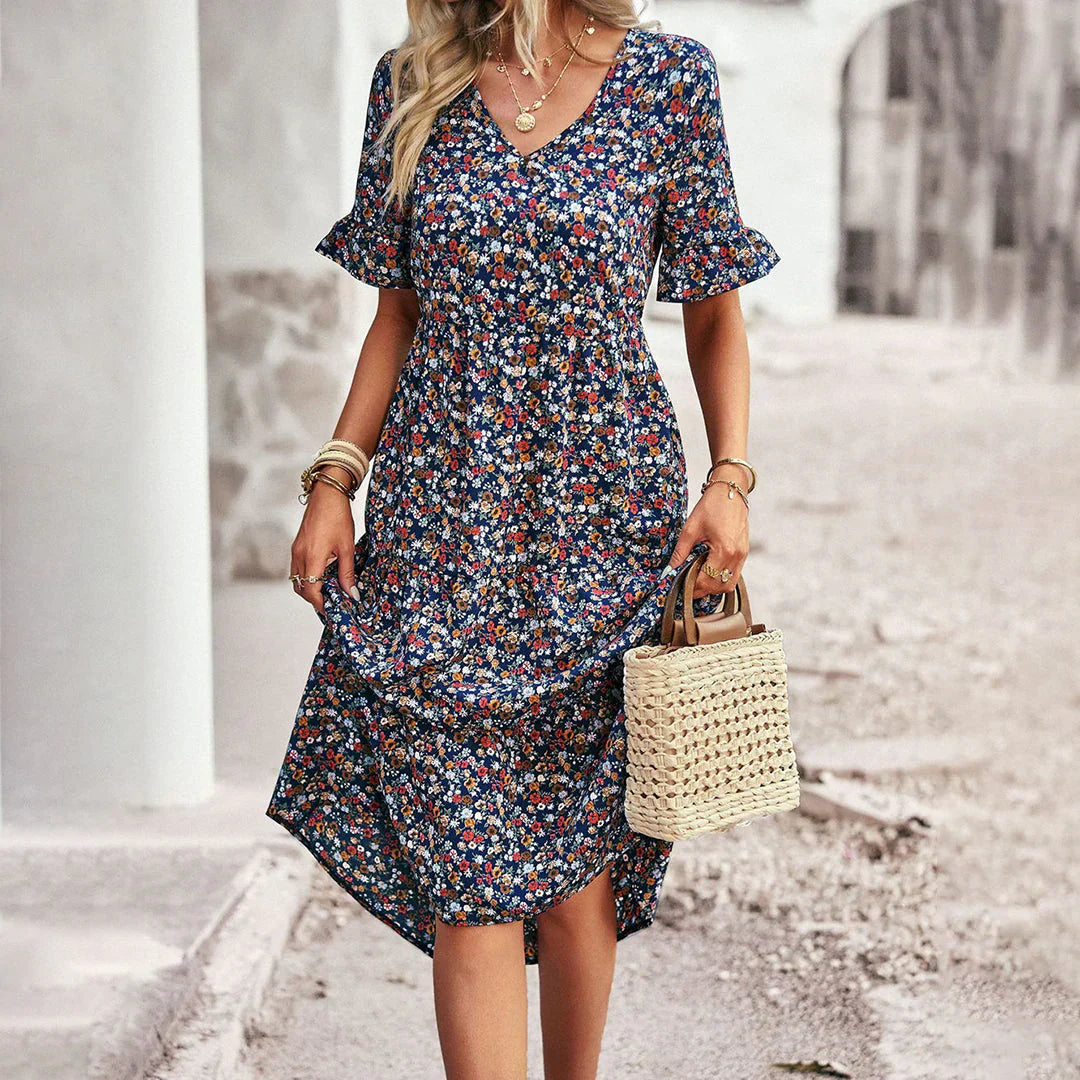 Robe Été Féminine Florale avec Décolleté et Jupette Flottante