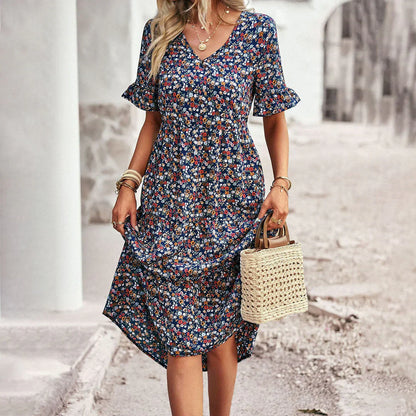 Robe Été Féminine Florale avec Décolleté et Jupette Flottante