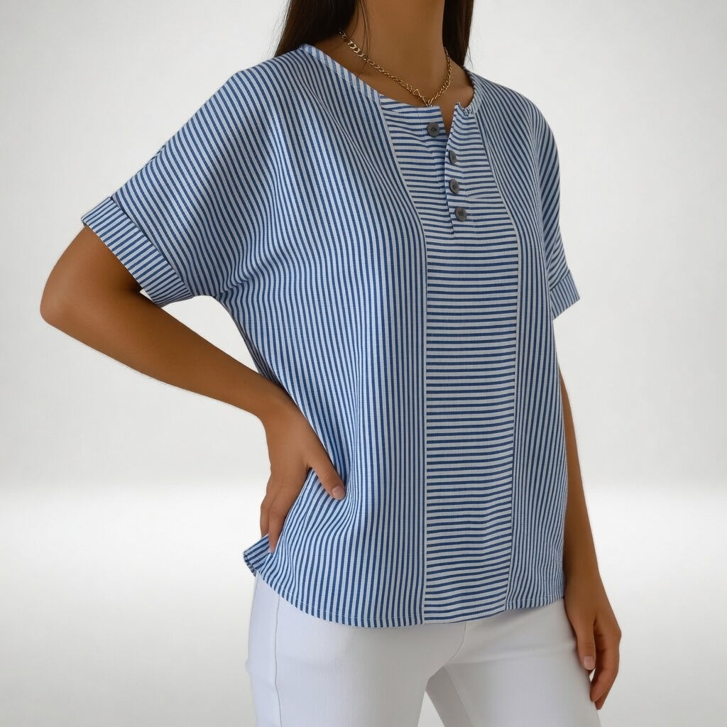 Chemisier Femme Lin Rayé Manches Courtes Col Rond Boutonné