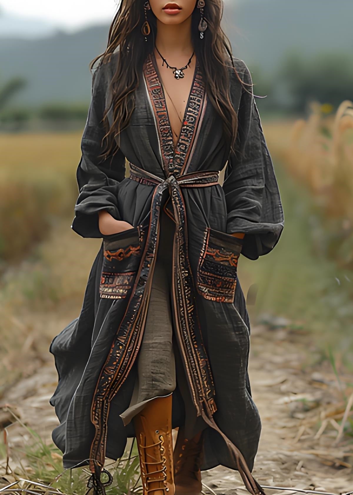 Large Cotton Pocket Cardigan Black Boho Spring - EasyApparels