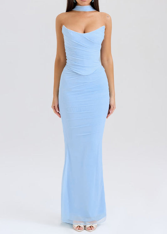 Robe décontractée bleue dos nu en dentelle légère - EasyApparels